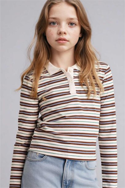 Slım Fıt Fitilli Çizgili Kaşkorse Polo Tişört Kız Çocuk