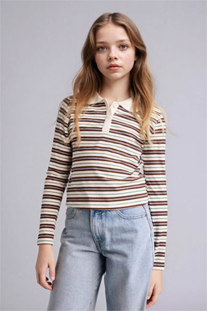 Slım Fıt Fitilli Çizgili Kaşkorse Polo Tişört Kız Çocuk