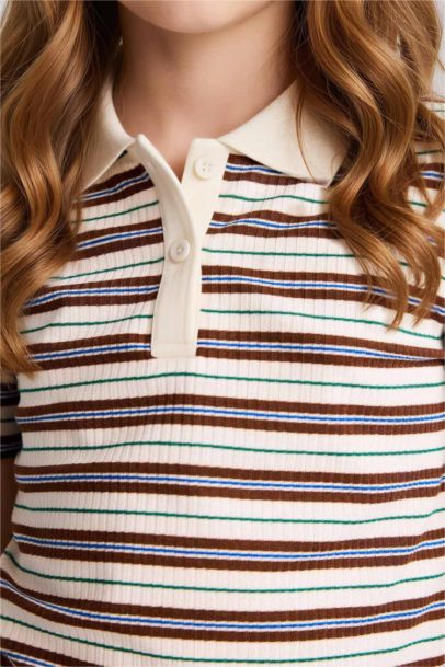 Slım Fıt Fitilli Çizgili Kaşkorse Polo Tişört Kız Çocuk