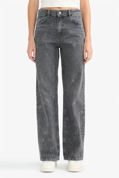 Straıght Wıde Yüksek Bel Uzun Jean Yıkamalı Pantolon