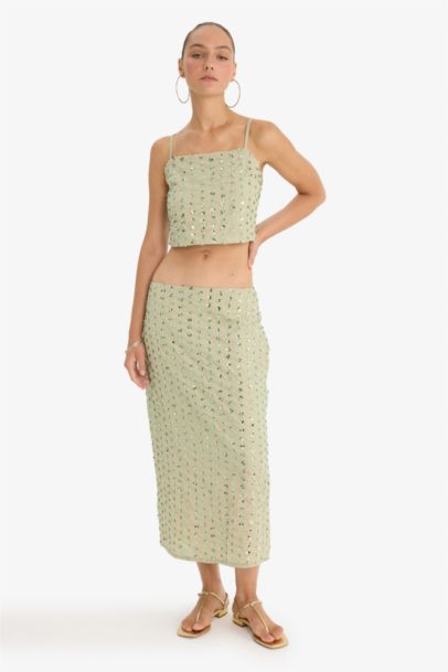 تنورة ميدي فوال تنورة بنسل بخصر عادي مبطن