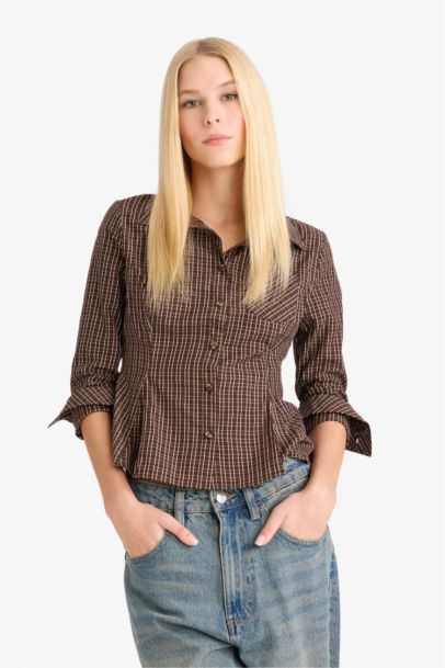 قميص كم طويل بوبلين مخصر سليم فيت