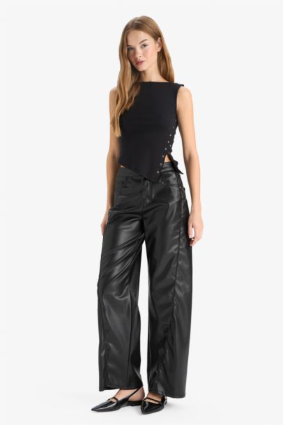 Wide Leg Normal Waist Faux Leather Trousers