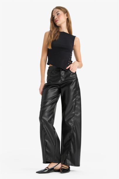 Wide Leg Normal Waist Faux Leather Trousers