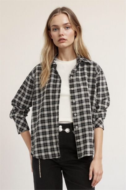 Oversize Fit Shirt Collar Poplin Gingham Long Sleeve Shirt