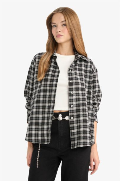 Oversize Fit Shirt Collar Poplin Gingham Long Sleeve Shirt