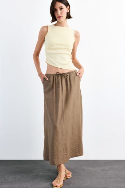 Relax Fit Crinkle Fabric Elastic Band Ankle Length Skirt