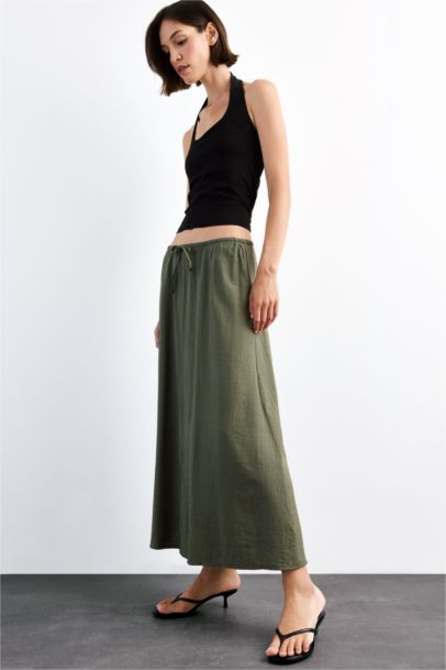 Relax Fit Crinkle Fabric Elastic Band Ankle Length Skirt