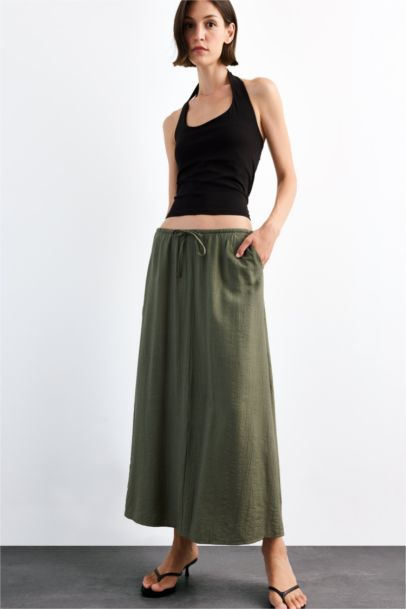 Relax Fit Crinkle Fabric Elastic Band Ankle Length Skirt