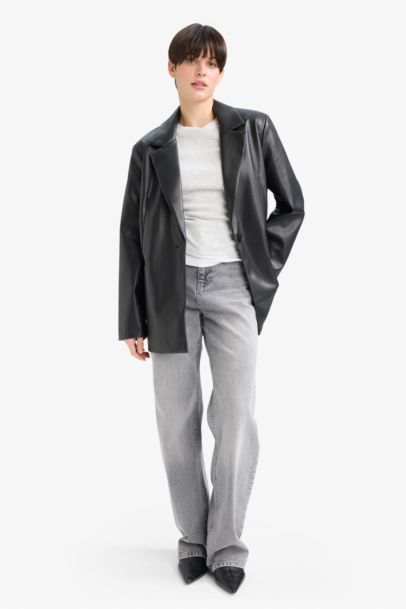 Oversize Fit Jacket Collar Faux Leather Blazer