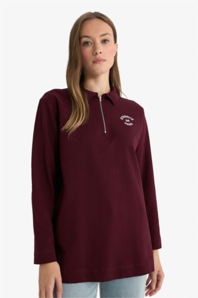 Regular Fit Polo Yaka Nakışlı Yarım Fermuarlı Sweatshirt Tunik