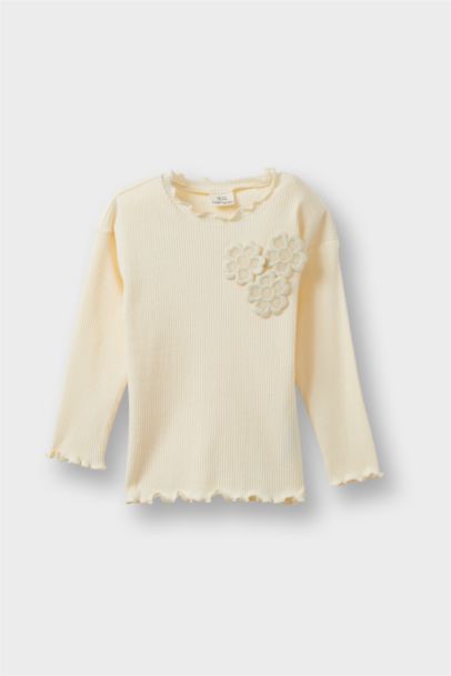 Standart Fit Çiçekli Fitilli Kaşkorse Uzun Kollu Tişört Kız Bebek