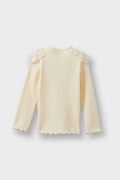 Dantel Detaylı Fitilli Kaşkorse Uzun Kollu Tişört Kız Bebek