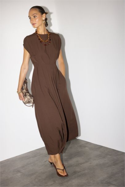 Bisiklet Yaka Keten Karışımlı Kısa Kollu Maxi Elbise