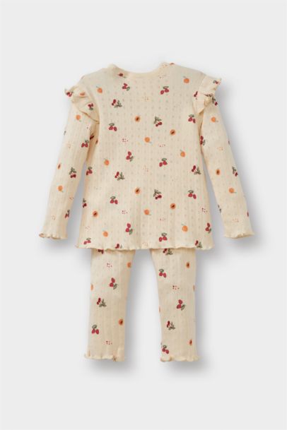 Pijama Takımı Meyve Desenli Uzun Kollu Fitilli Kaşkorse Üst Uzun Alt Kız Bebek