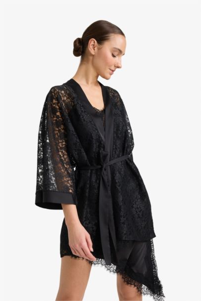 Regular Fit Wrap Neck Lace Half Sleeve Robe
