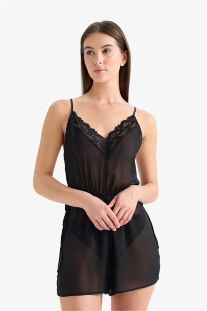 Regular Fit V-Neck Chiffon Strappy Jumpsuit Nightgown