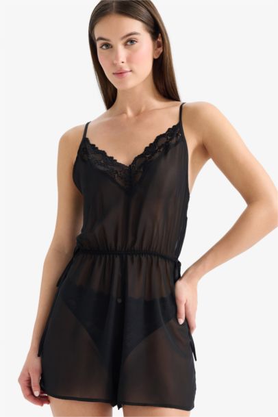 Regular Fit V-Neck Chiffon Strappy Jumpsuit Nightgown