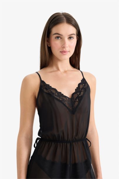 Regular Fit V-Neck Chiffon Strappy Jumpsuit Nightgown