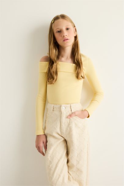 Slim Fit Dar Kesim Fitilli Kaşkorse Uzun Kollu Tişört Kız Çocuk