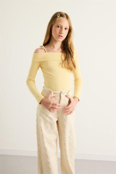 Slim Fit Dar Kesim Fitilli Kaşkorse Uzun Kollu Tişört Kız Çocuk