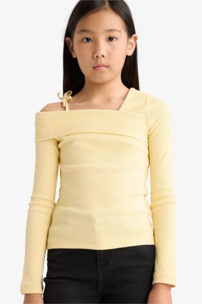 Slim Fit Dar Kesim Fitilli Kaşkorse Uzun Kollu Tişört Kız Çocuk