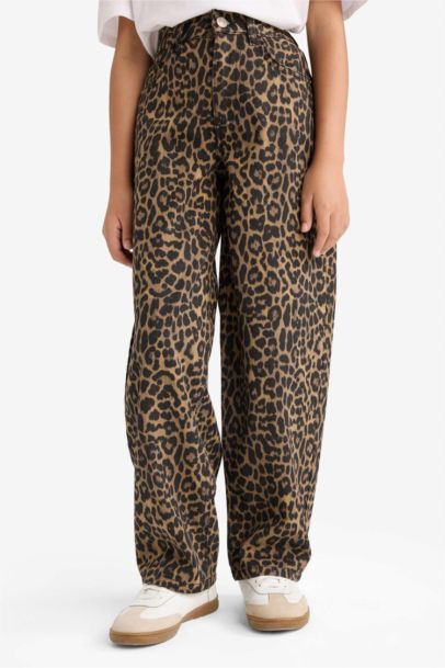 Barrel Fit Leopar Desenli Pantolon Kız Çocuk