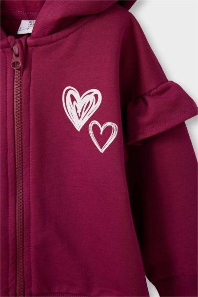 Kalp Desenli Kapüşonlu Fermuarlı Sweatshirt Kız Bebek