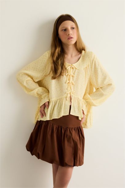 بلوزة بناتي ردن طويل قصة عادية برباط من الأمام