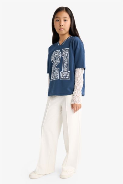 Girl Lace Detailed Long 2 Piece T-Shirt Sweatpants