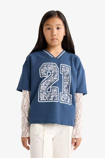 Girl Lace Detailed Long 2 Piece T-Shirt Sweatpants