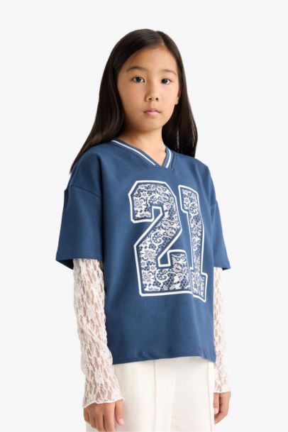 Girl Lace Detailed Long 2 Piece T-Shirt Sweatpants