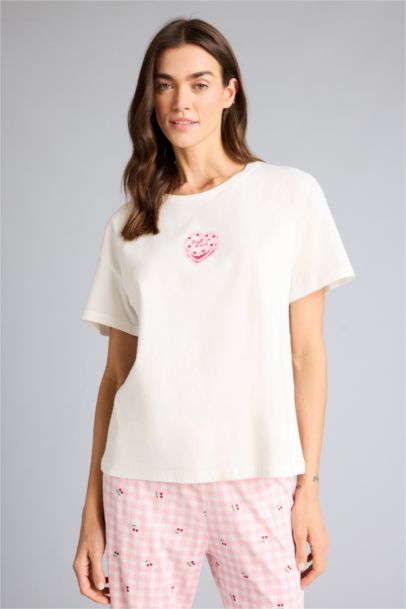 Pijama Takımı Regular Fit Baskılı Kısa Kollu Üst Desenli Uzun Alt