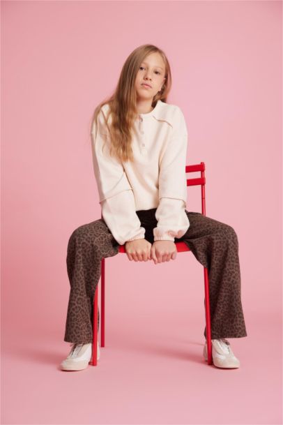 Oversize Geniş Kalıp Bisiklet Yaka Düğmeli Sweatshirt Kız Çocuk