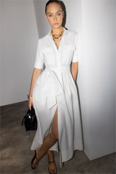 Shirt Collar Poplin Tie Detail Short Sleeve Midi Dress