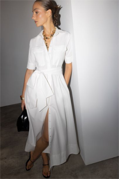 Shirt Collar Poplin Tie Detail Short Sleeve Midi Dress