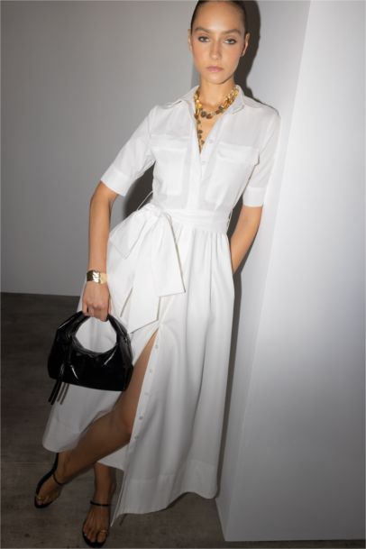 Shirt Collar Poplin Tie Detail Short Sleeve Midi Dress