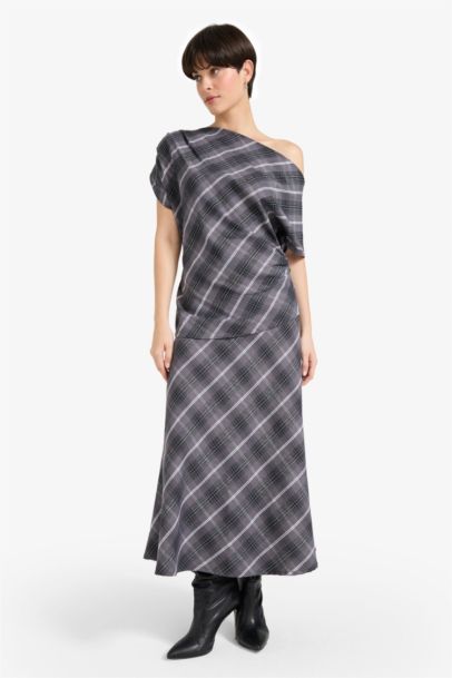 A Cut Plaid Twill Normal Waist Midi Skirt