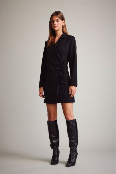 Krep Uzun Kollu Mini Elbise