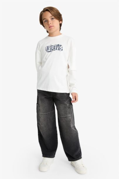 Oversize Geniş Kalıp Bisiklet Yaka Baskılı Uzun Kollu Tişört Erkek Çocuk