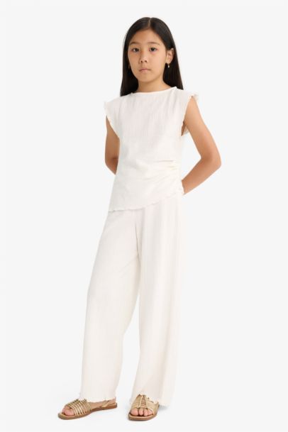 2'li Takım Brode Kolsuz Bluz Geniş Paça Pantolon Kız Çocuk