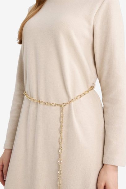 Regular Fit Bisiklet Yaka Uzun Kollu Kemerli Maxi Elbise 