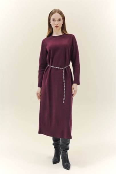 Regular Fit Bisiklet Yaka Uzun Kollu Kemerli Maxi Elbise 