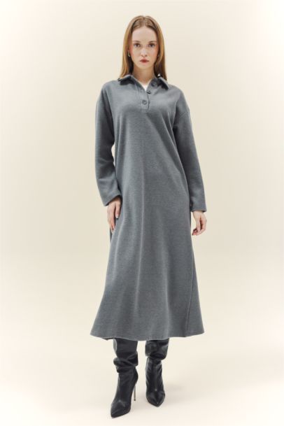 Regular Fit Polo Yaka Uzun Kollu Maxi Elbise