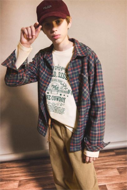 Boy Overshirt Fit Polo Neck Plaid Long Sleeve Shirt