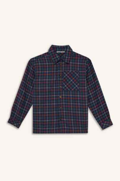 Boy Overshirt Fit Polo Neck Plaid Long Sleeve Shirt