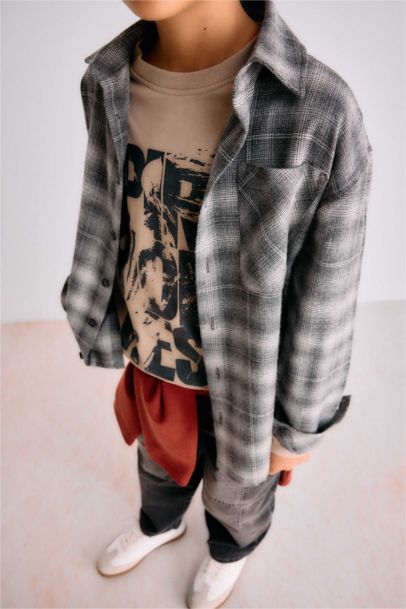 Boy Overshirt Fit Plaid Flannel Polo Shirt