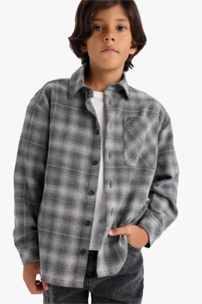 Boy Overshirt Fit Plaid Flannel Polo Shirt