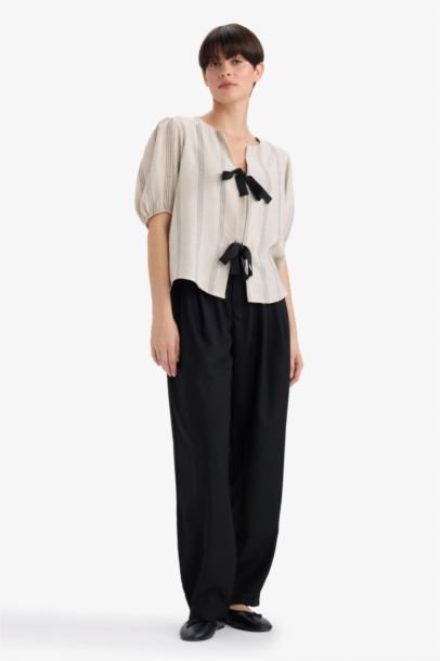 Regular Fit Crew Neck Linen Blend Blouse