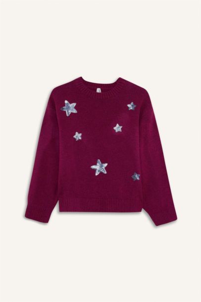 Bisiklet Yaka İşlemeli Triko Kazak Kız Çocuk